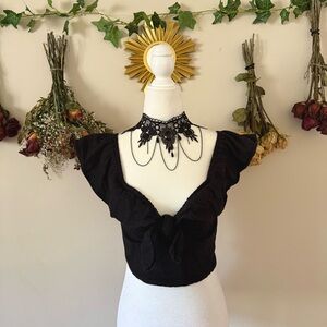 Romantic Black Fairycore/Whimsigoth Milkmaid Style Crop Top